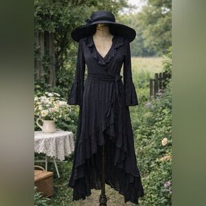 NU Resort Black Ruffled Wrap Maxi Dress with Mesh Beaded Waistline & Tie Waist